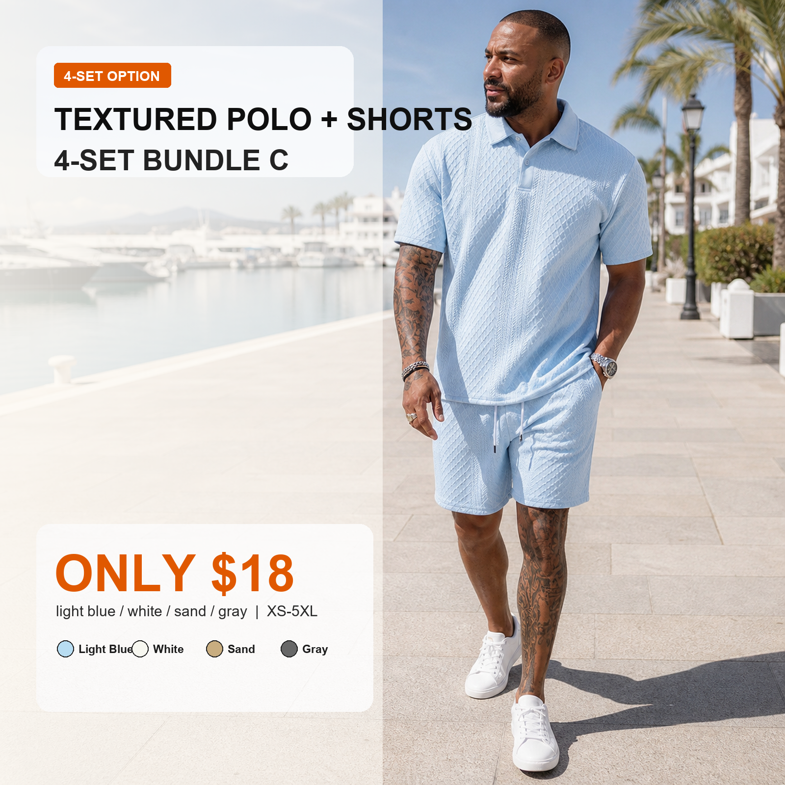 4-set bundle C textured polo shirt and drawstring shorts main image