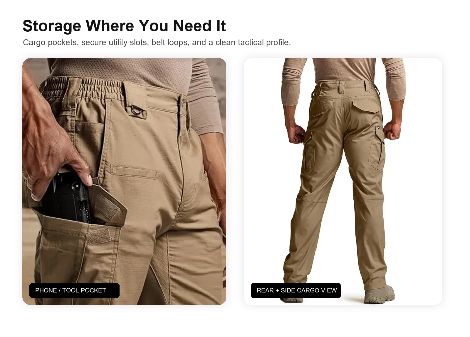 Flex stretch tactical pants pocket detail showing phone pocket, rear view, belt loops, and cargo storage