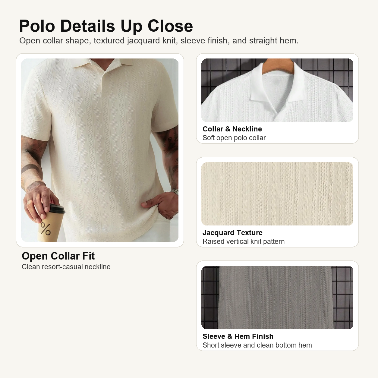 Solid jacquard polo shirt detail collage showing collar neckline knit texture sleeve and hem