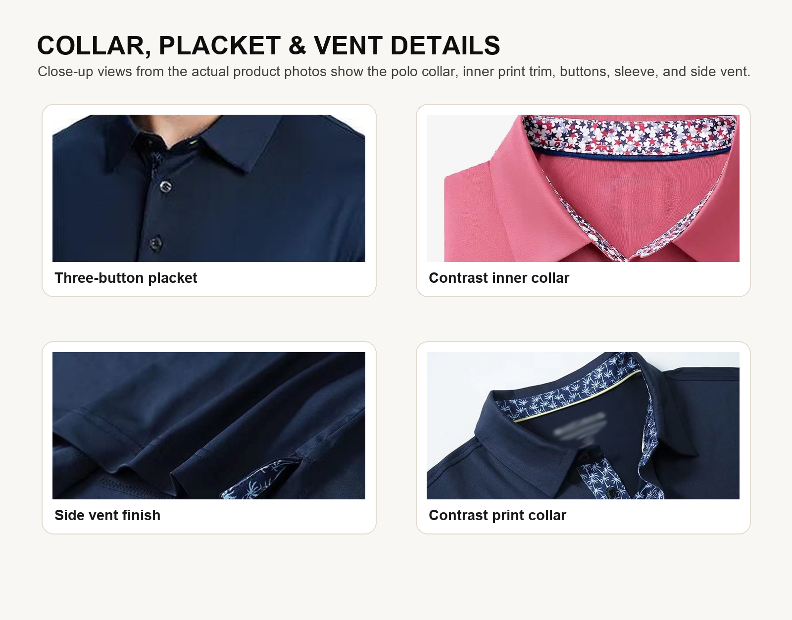 Close-up details of golf polo collar three-button placket contrast inner collar and side vent