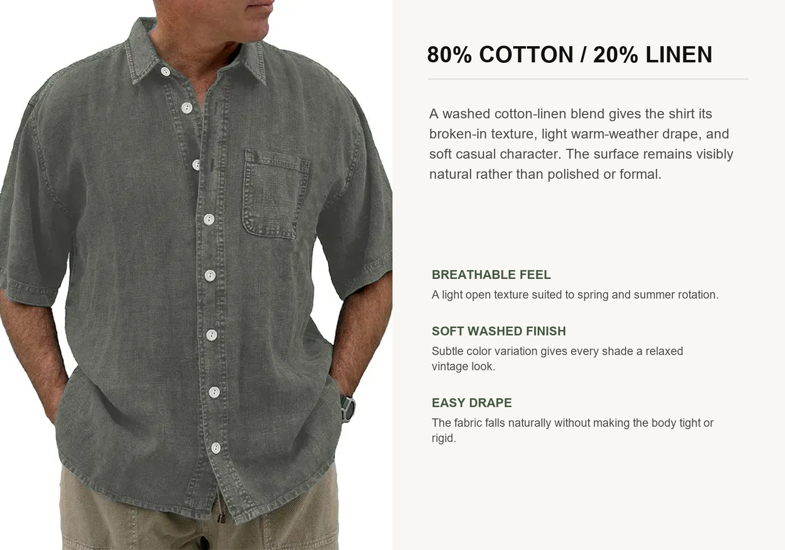 Close view of charcoal washed cotton linen fabric showing soft texture and natural drape