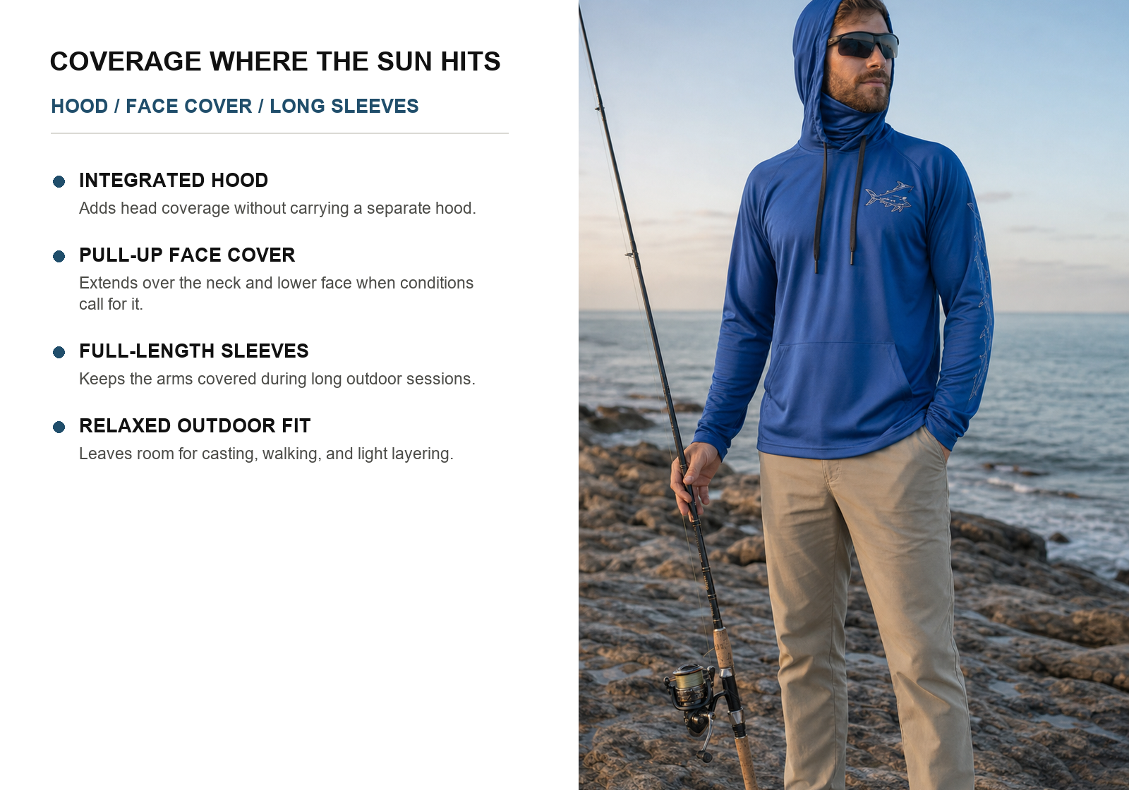 Hood face cover long sleeves and relaxed fit coverage features on blue fishing sun shirt