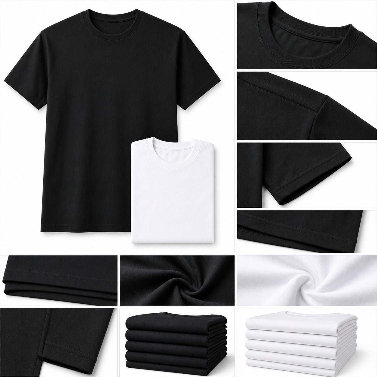 Plain crew neck T-shirt detail collage showing collar, shoulder seam, sleeve, hem, fabric, and folded stacks