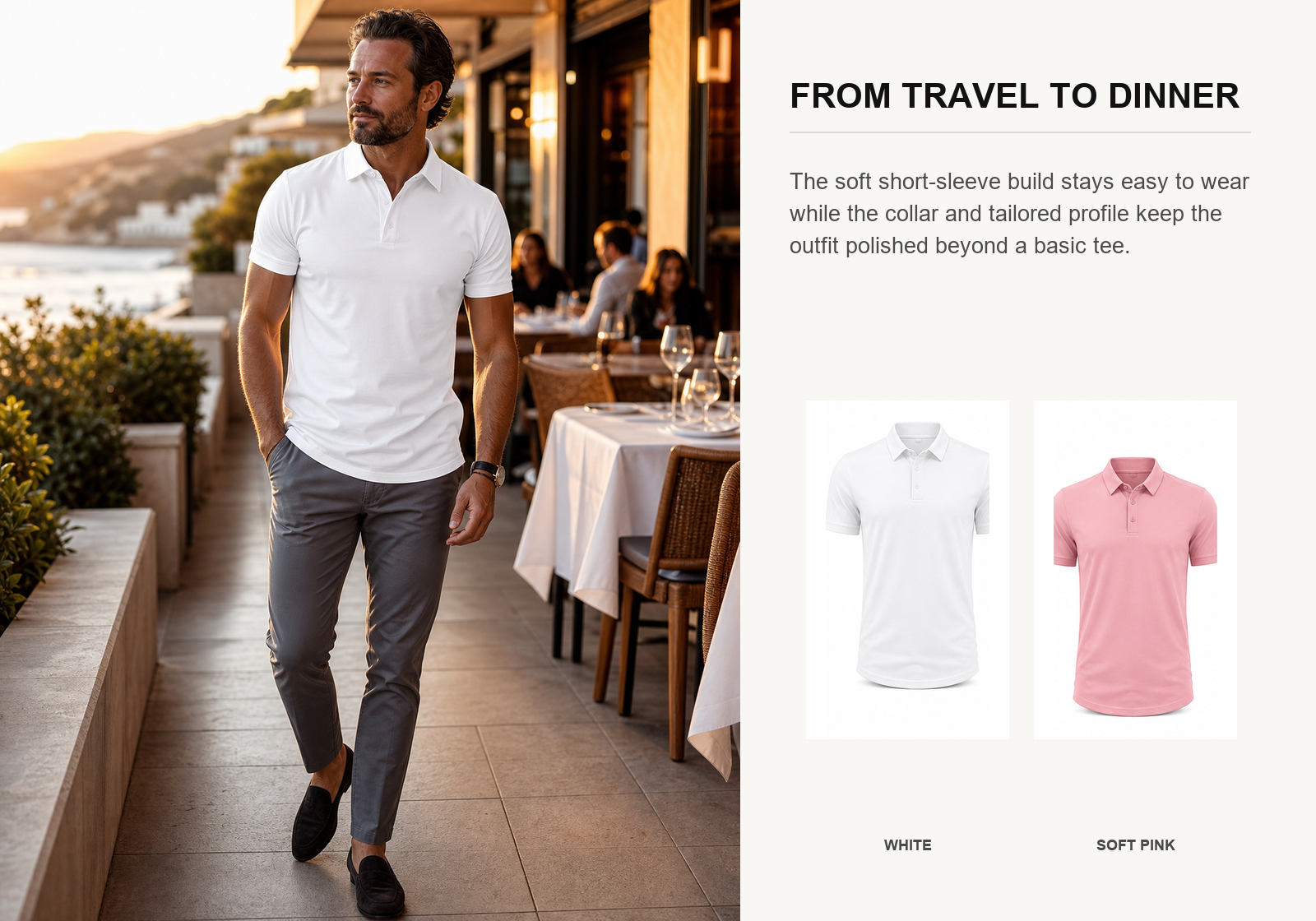 Man wearing a white cotton-stretch casual business polo shirt at an upscale restaurant terrace