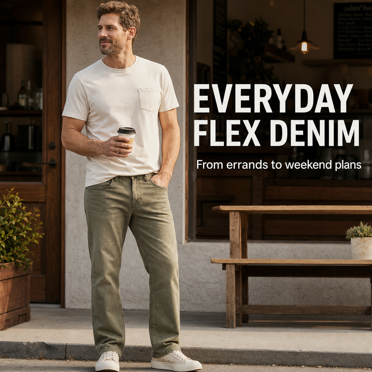 Man wearing washed olive straight leg flex denim jeans in an everyday cafe setting