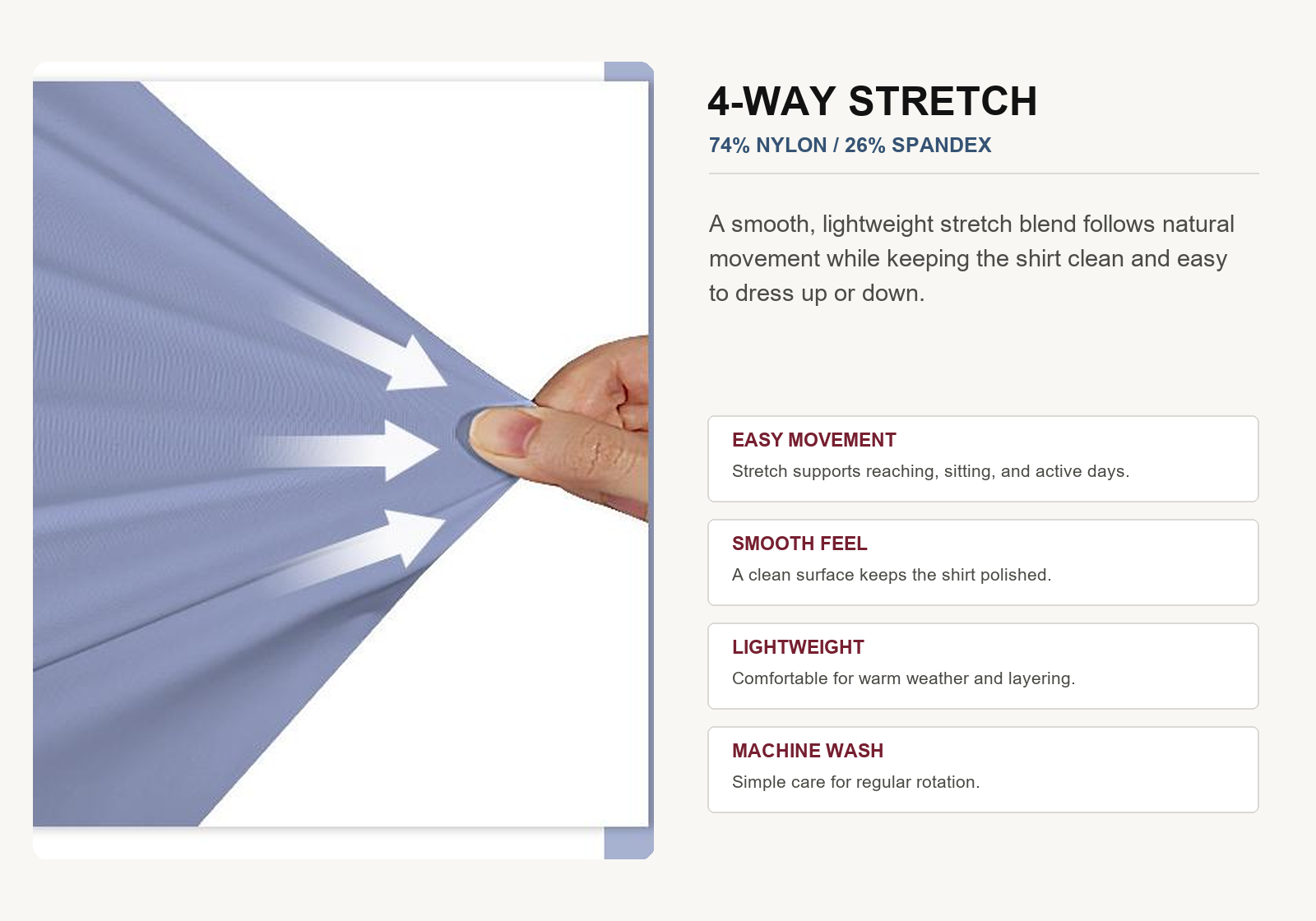 Four-way stretch material detail for men's nylon spandex short-sleeve button-up shirt