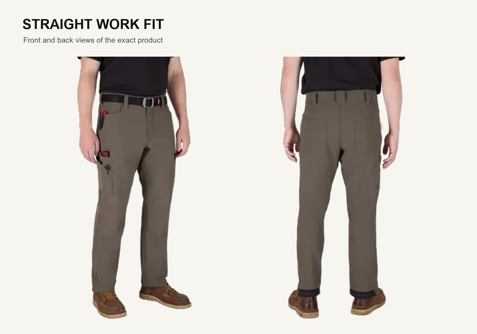 Front and back views of brown seven-pocket tech work pants