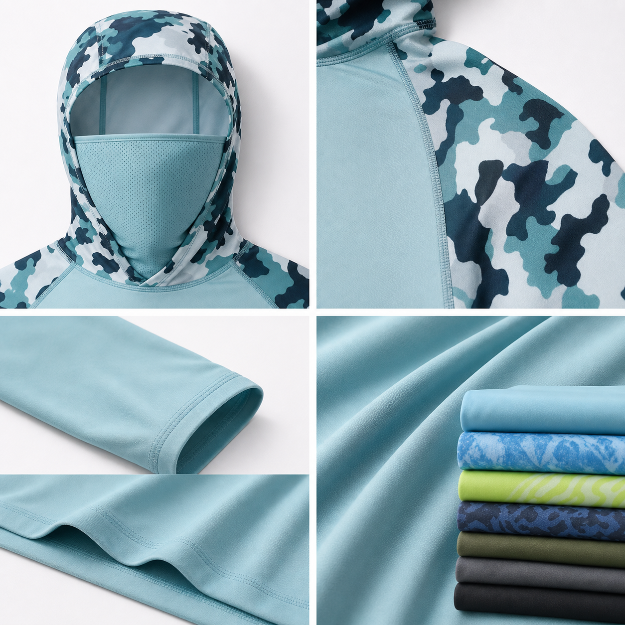 Hooded sun hoodie detail collage showing hood, face panel, sleeve cuff, hem, and folded colors
