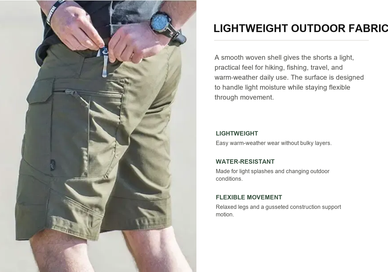 Close view of lightweight water-resistant woven fabric on olive tactical cargo shorts
