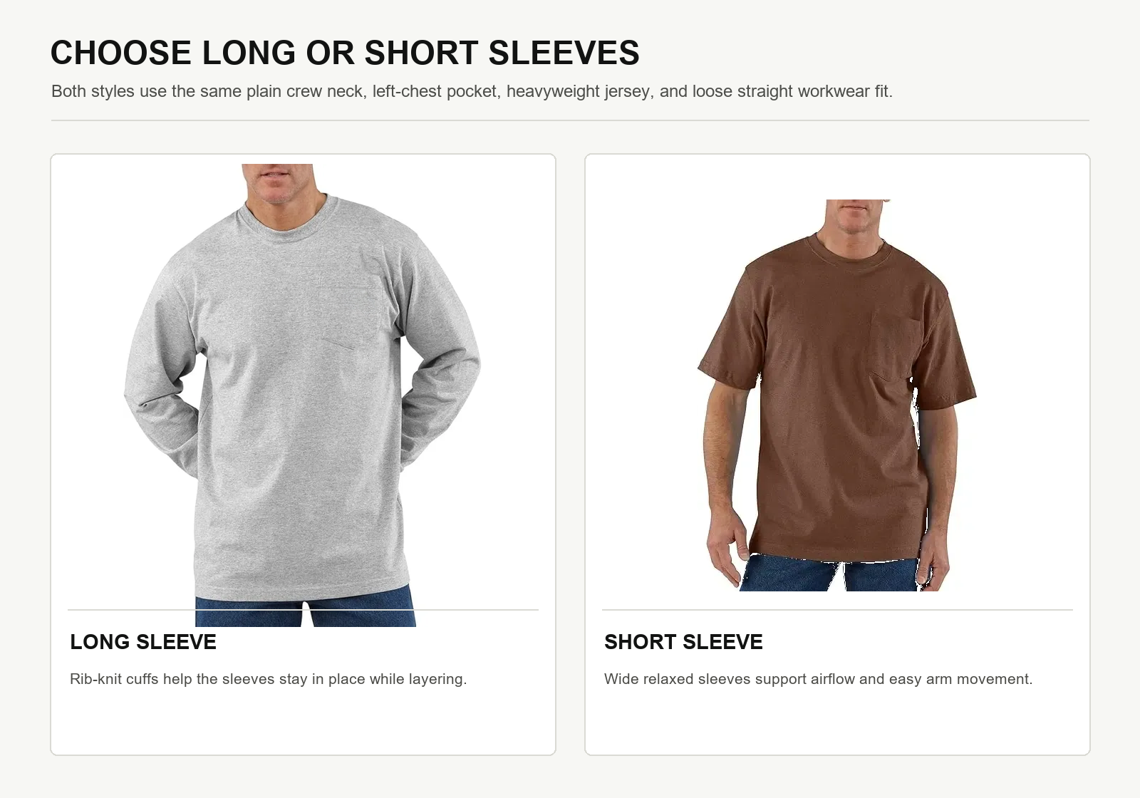 Side by side long sleeve gray and short sleeve brown heavyweight work pocket T-shirts