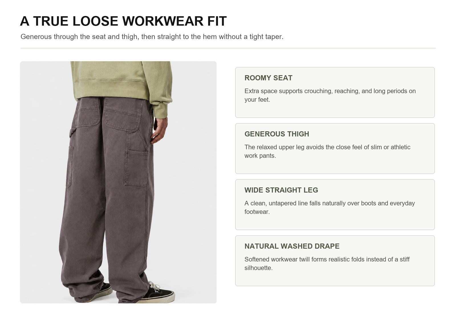 Relaxed Fit profile showing roomy seat generous thigh wide straight leg and washed twill drape