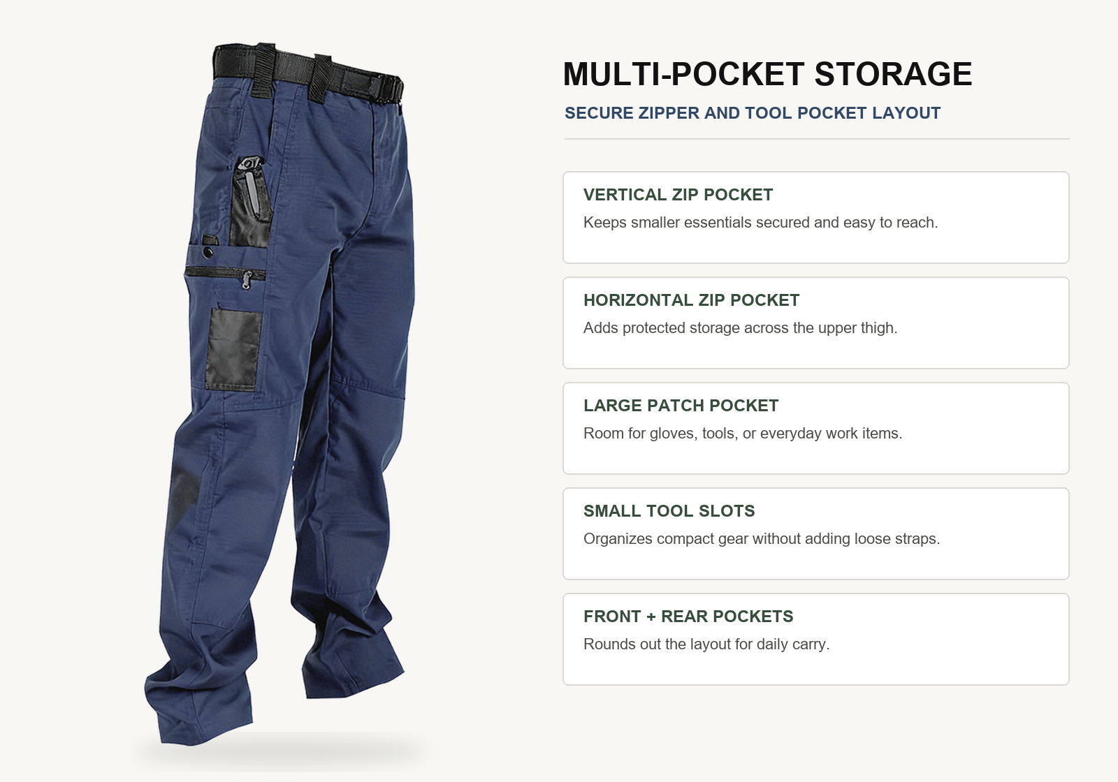 Navy tactical work pants showing vertical zipper horizontal zipper large patch pocket and tool slots