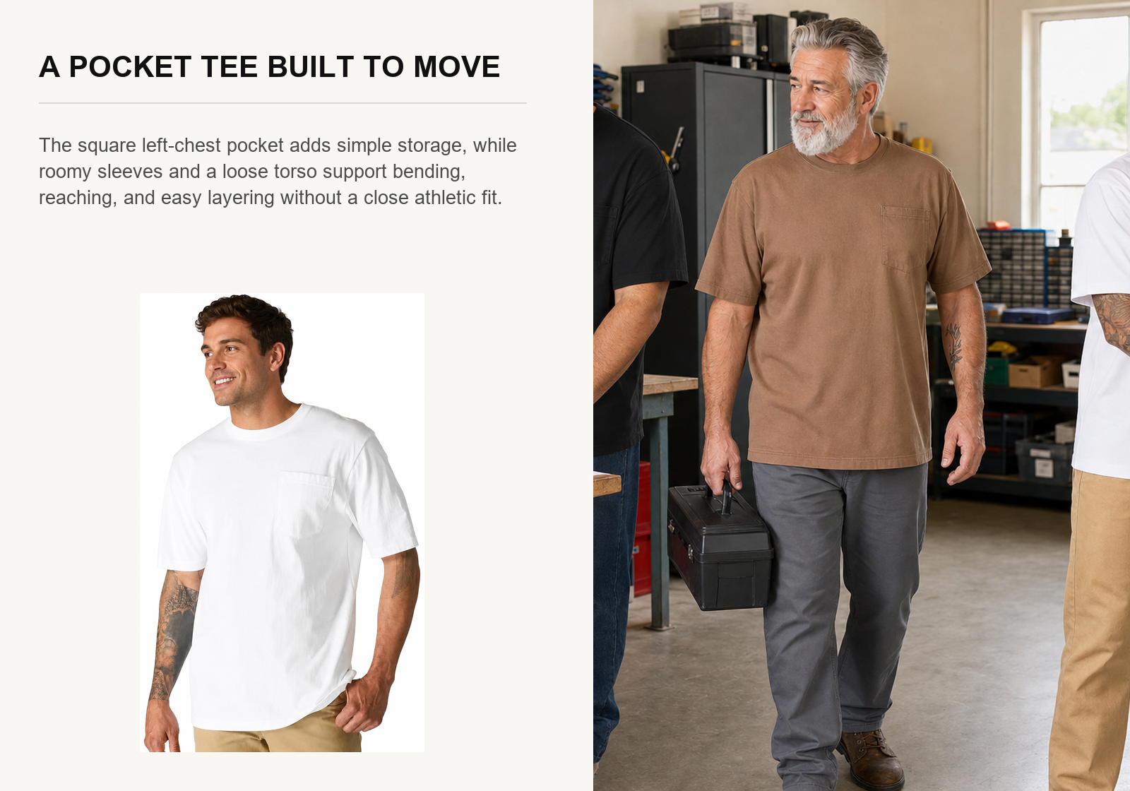 Workwear movement and left chest pocket details on Relaxed Fit heavyweight short sleeve T-shirts