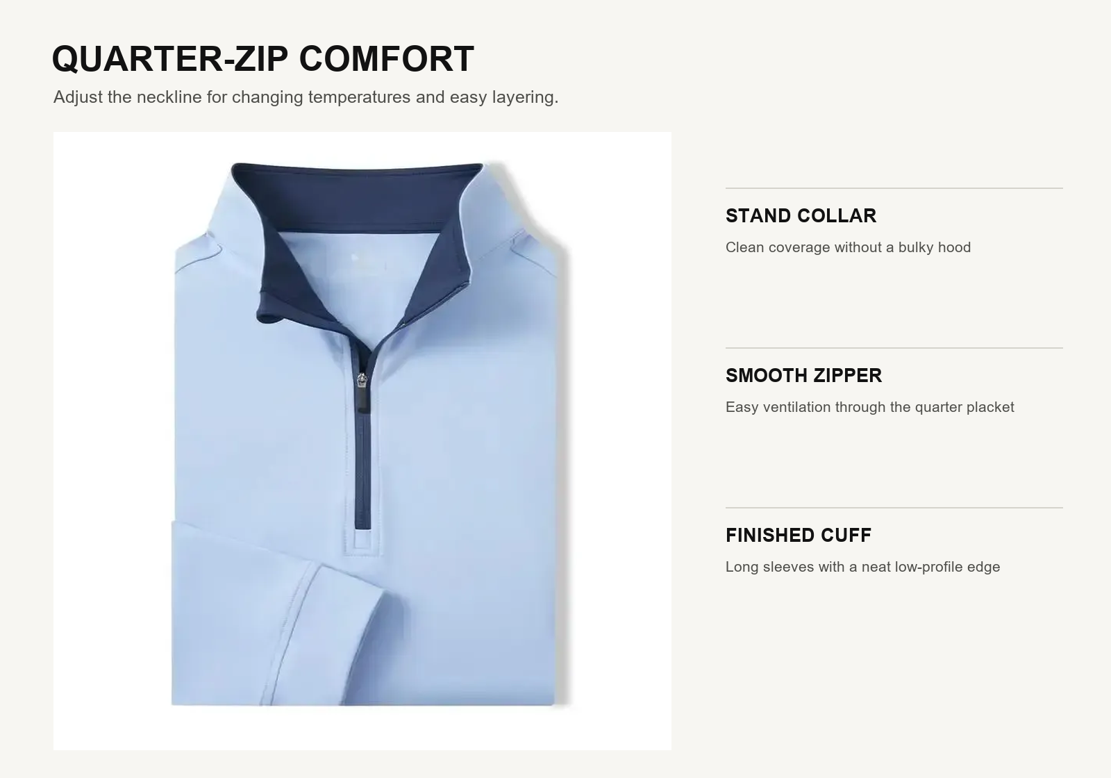 Close-up of quarter zip pullover stand collar zipper placket and sleeve cuff