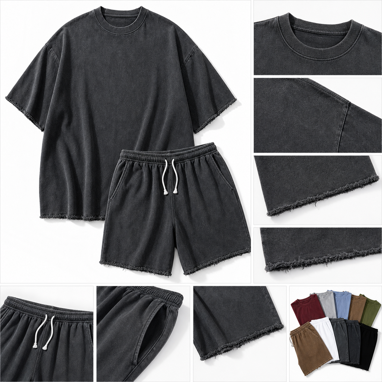 Oversized short sleeve top and shorts set detail collage showing raw edges, collar, waistband, pocket, and colors