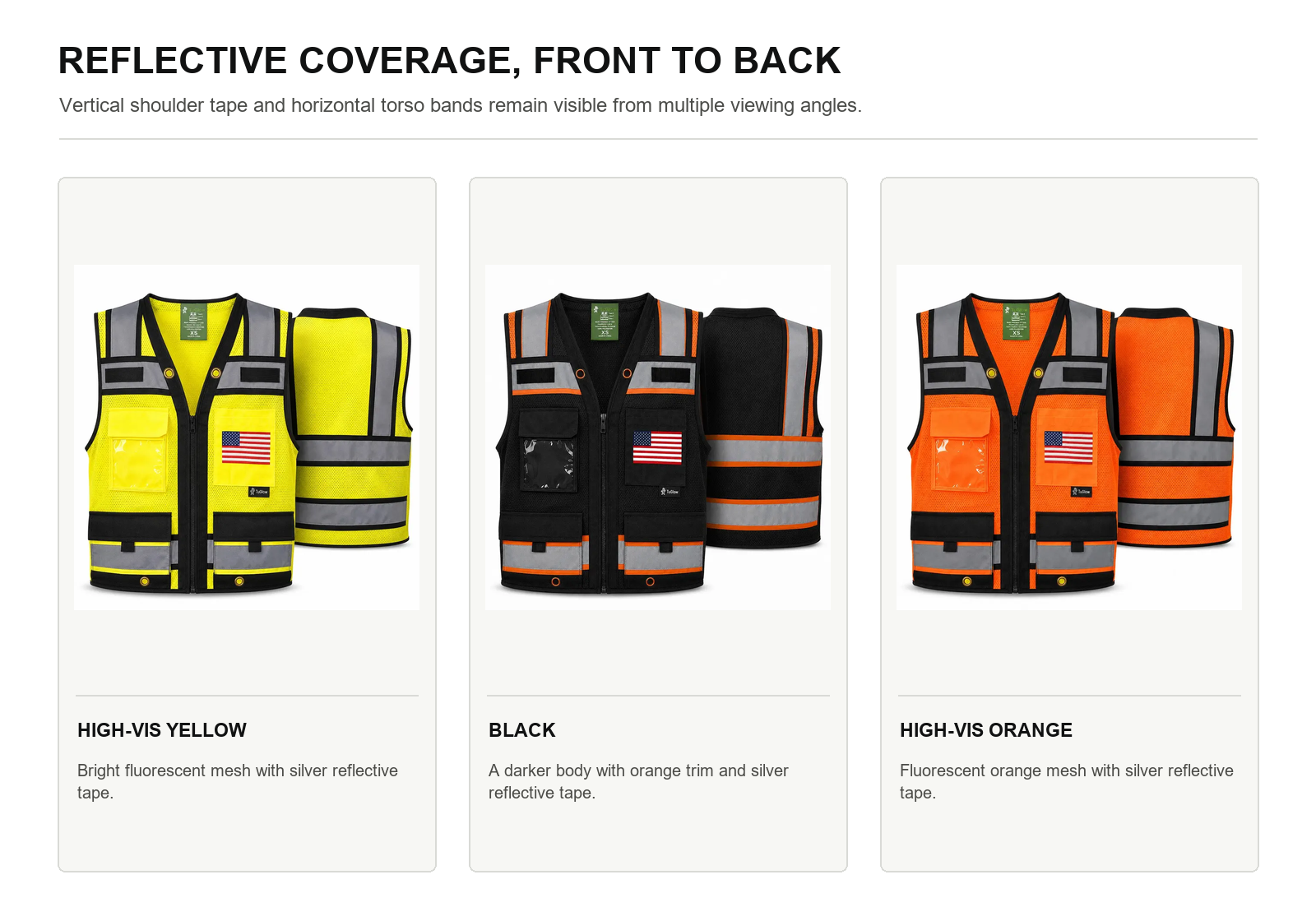 Front and back reflective tape layout on yellow black and orange mesh safety vests