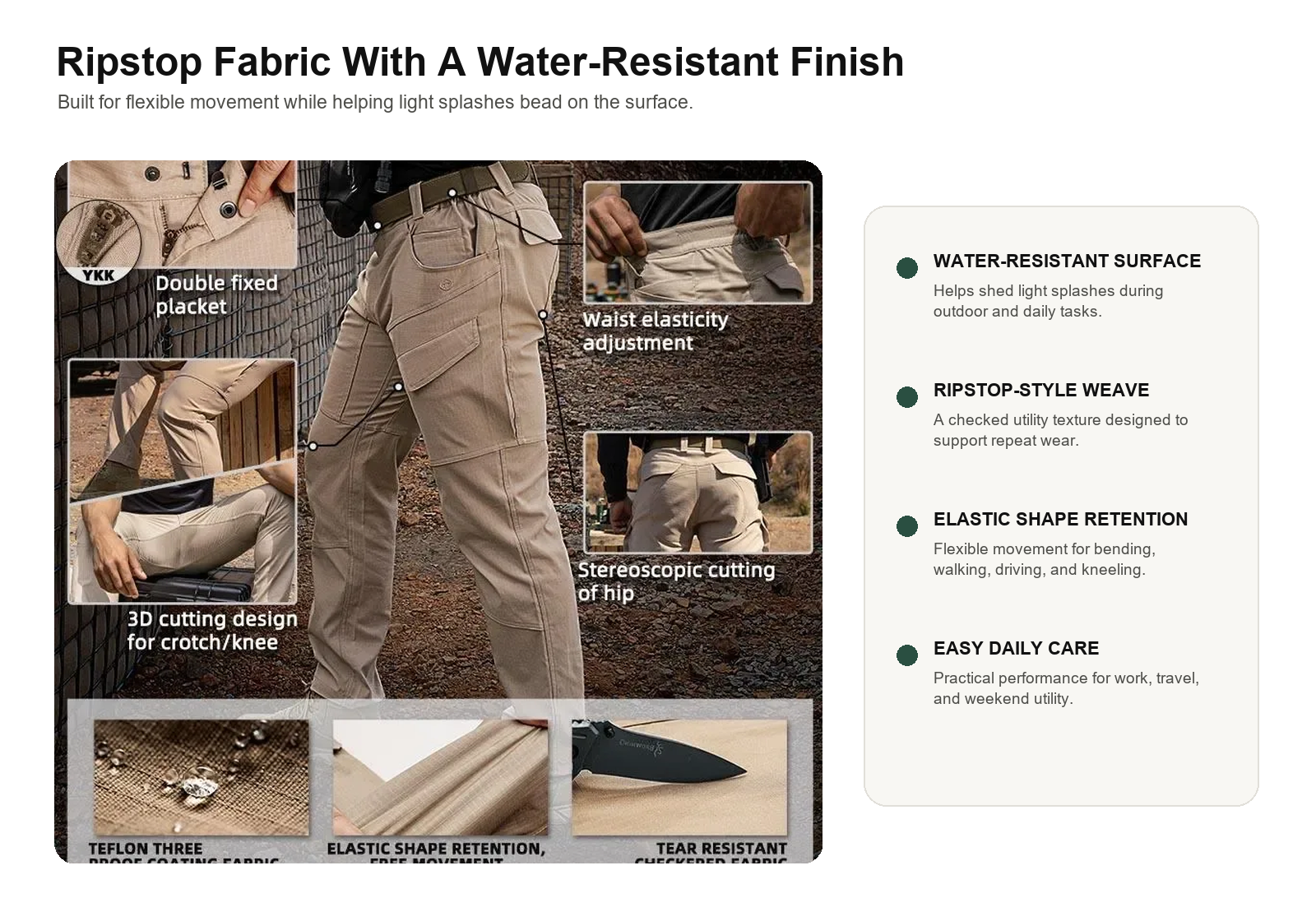 Tactical cargo pants material panel showing ripstop weave water-resistant finish and flexible construction