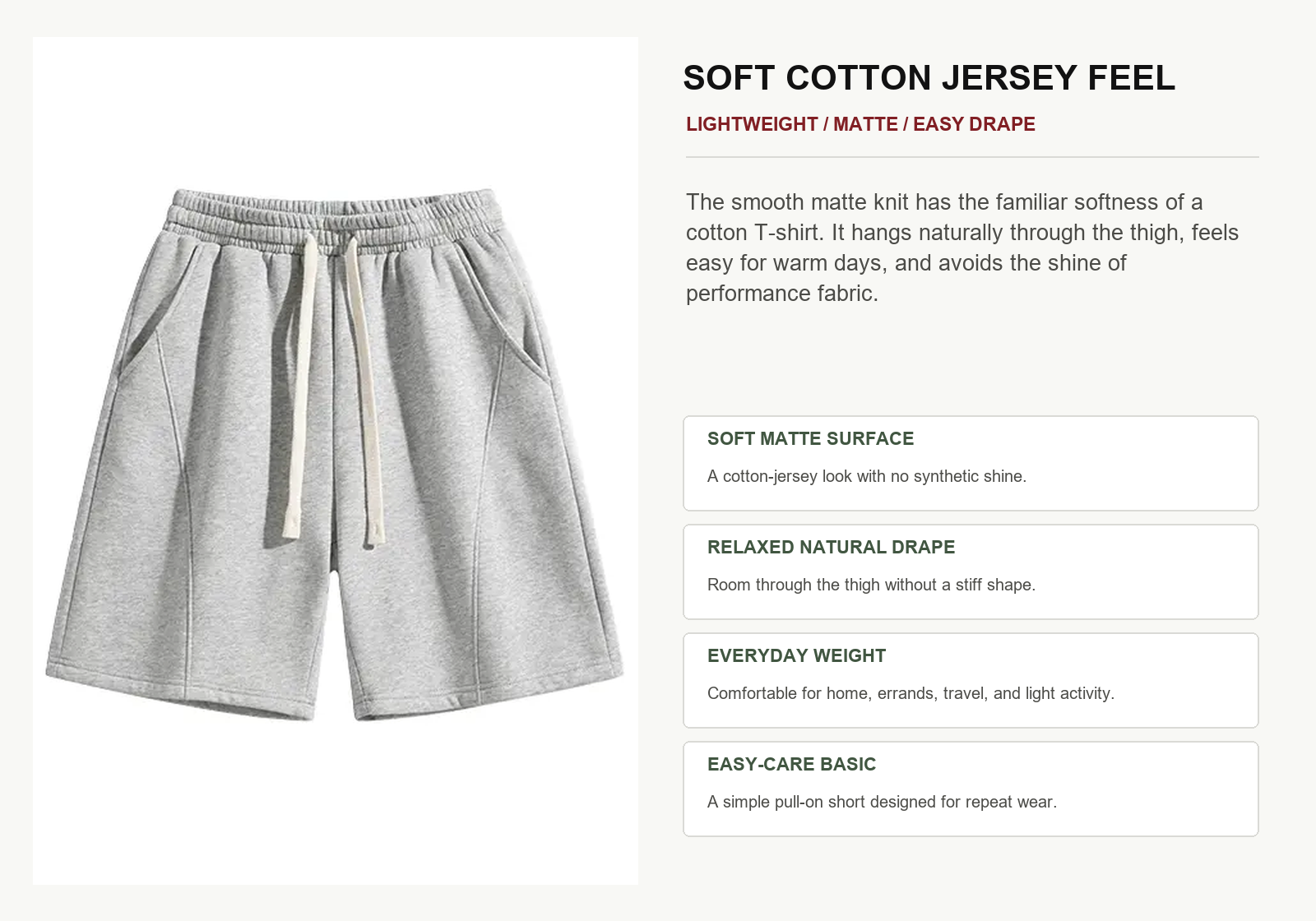 Close product view of soft matte cotton jersey lounge shorts fabric and natural drape
