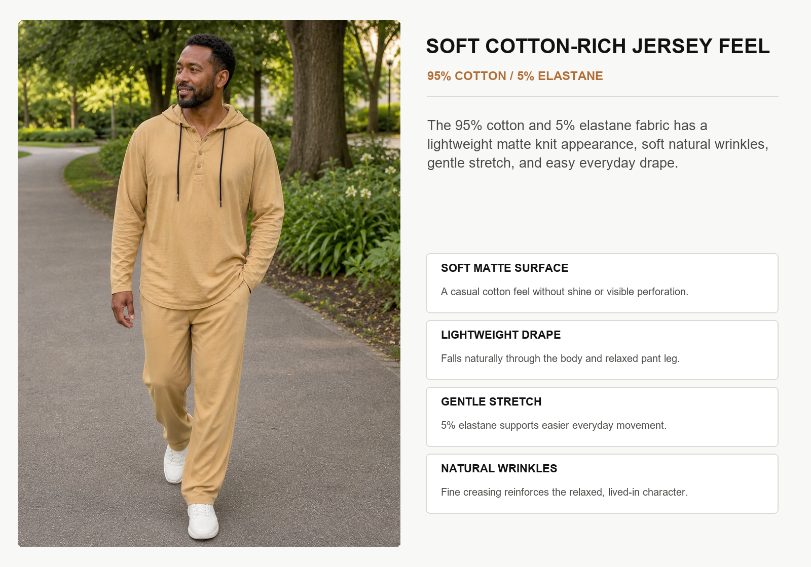 Real product reference showing soft matte cotton-rich fabric natural wrinkles and drape