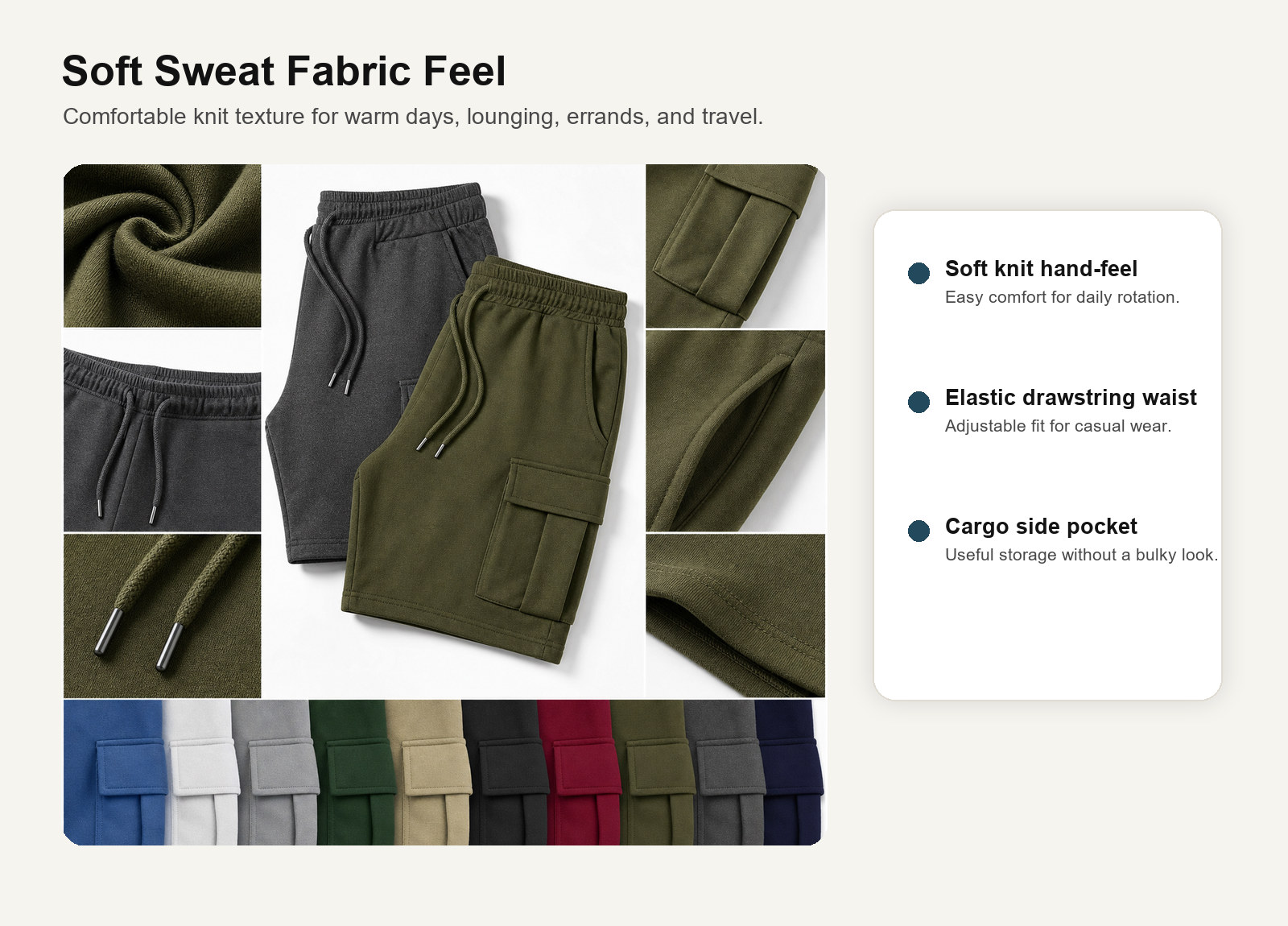 Cargo sweat shorts soft fabric, drawstring waist, side pocket, and color details