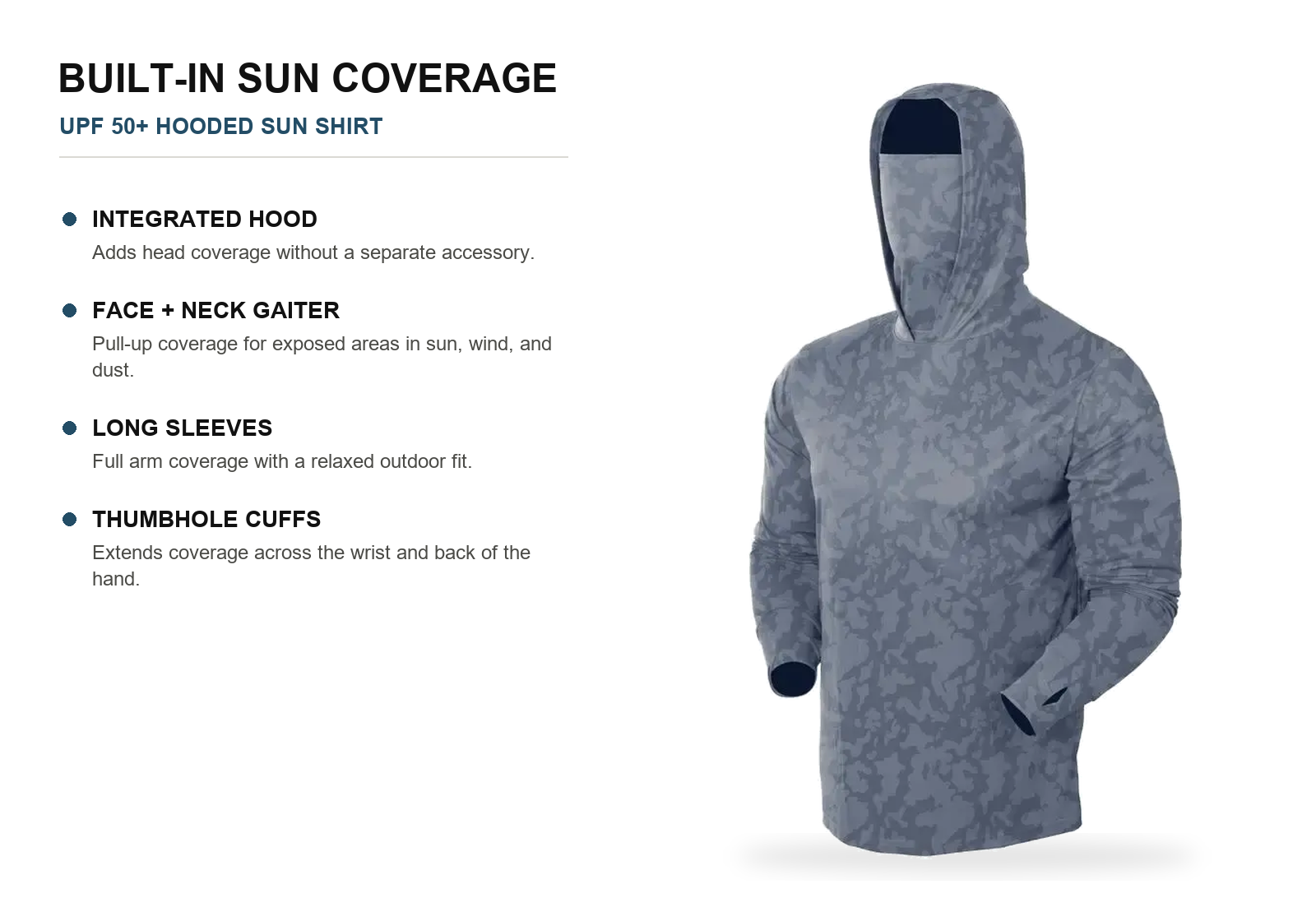 UPF 50 hooded sun shirt showing integrated hood face gaiter long sleeves and thumbhole cuffs
