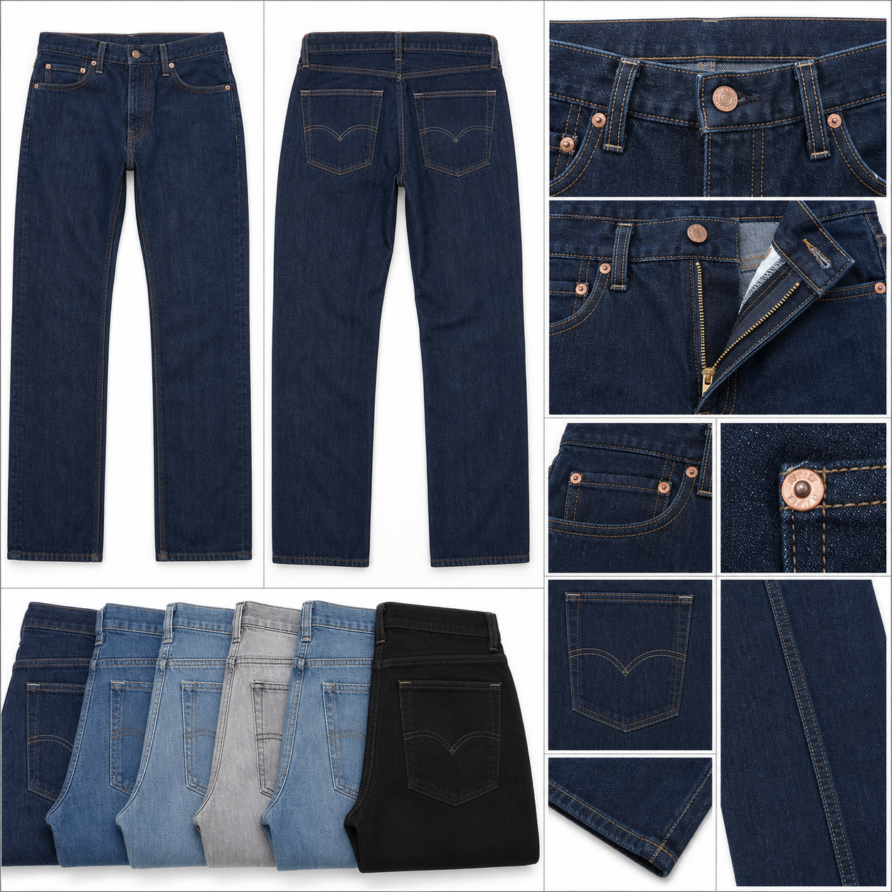 CLASSIC STRAIGHT FIT JEANS detail collage showing waistband, fly, rivets, pockets, seams, hem, and wash colors