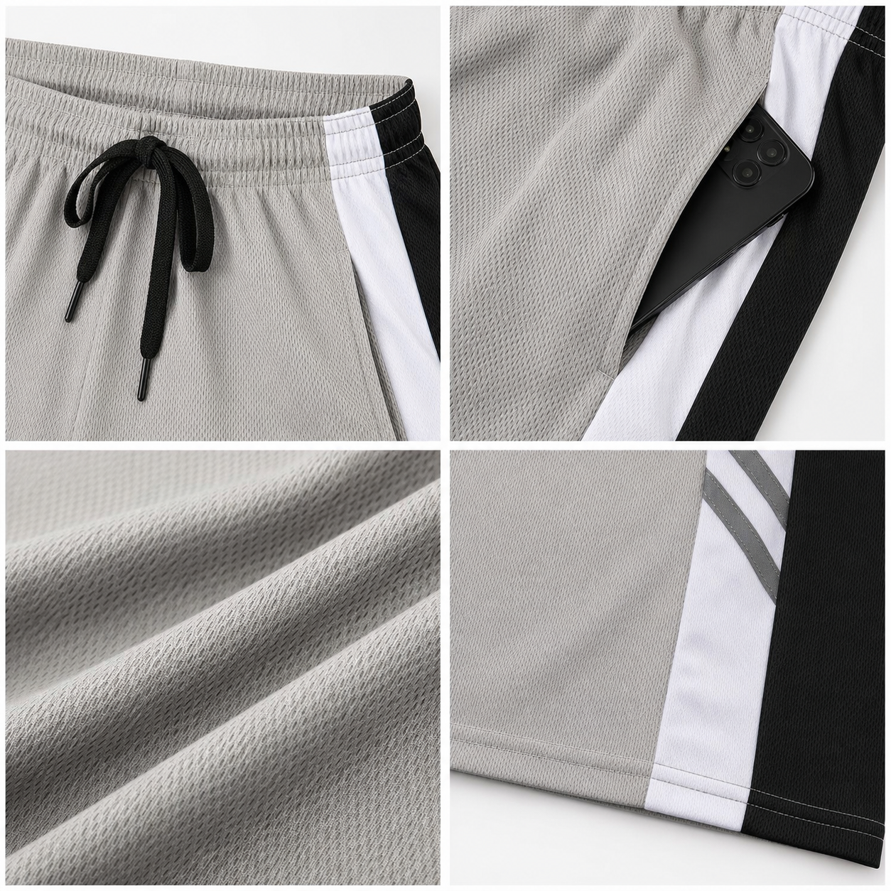 Close-up collage of mesh shorts drawstring waistband, pocket depth, fabric texture, and side stripe