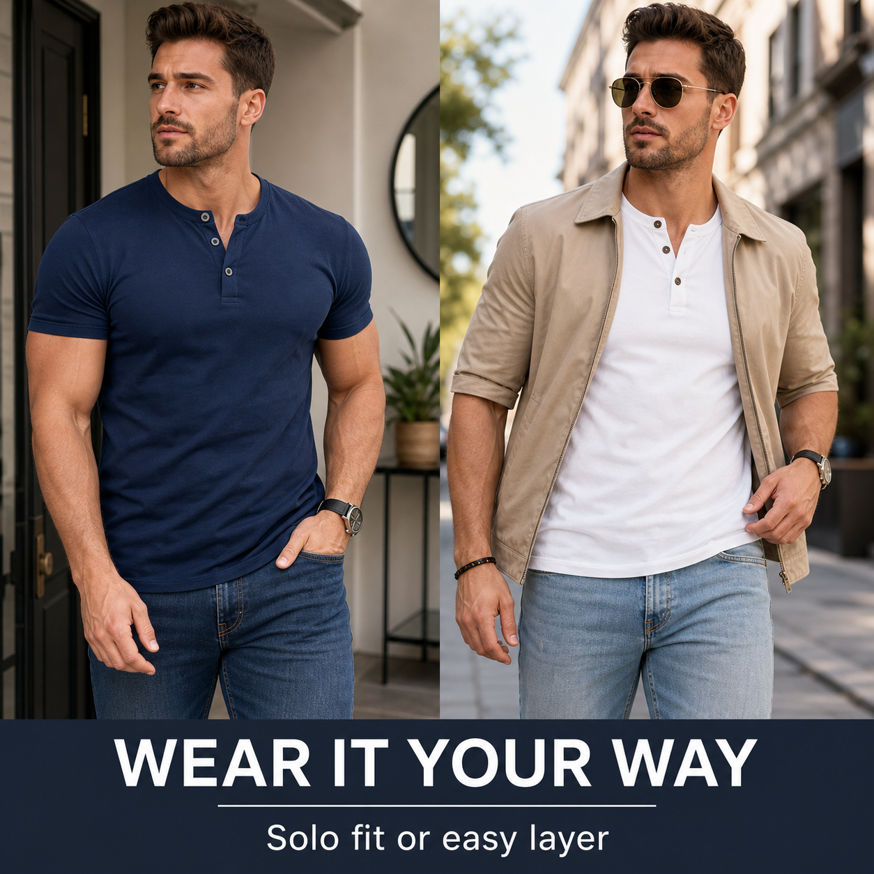 Men styling slim fit short sleeve Henley shirts worn alone and layered under a jacket