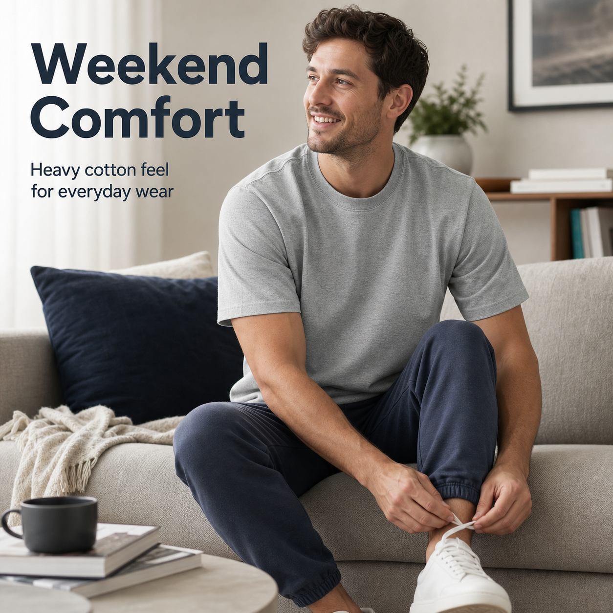 Man wearing a heather gray heavyweight cotton crew neck T-shirt in a relaxed home scene