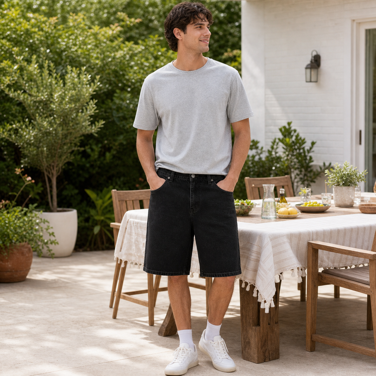 Man wearing black denim dad shorts with a gray T-shirt in a weekend patio scene