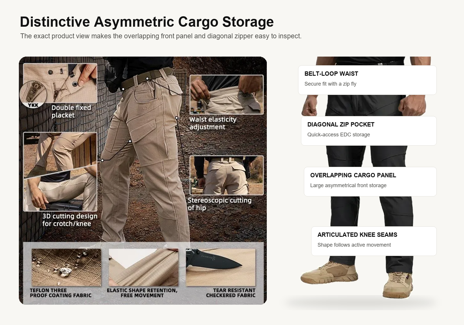 Exact tactical cargo pants details showing asymmetric overlapping cargo panel diagonal zipper and articulated knees
