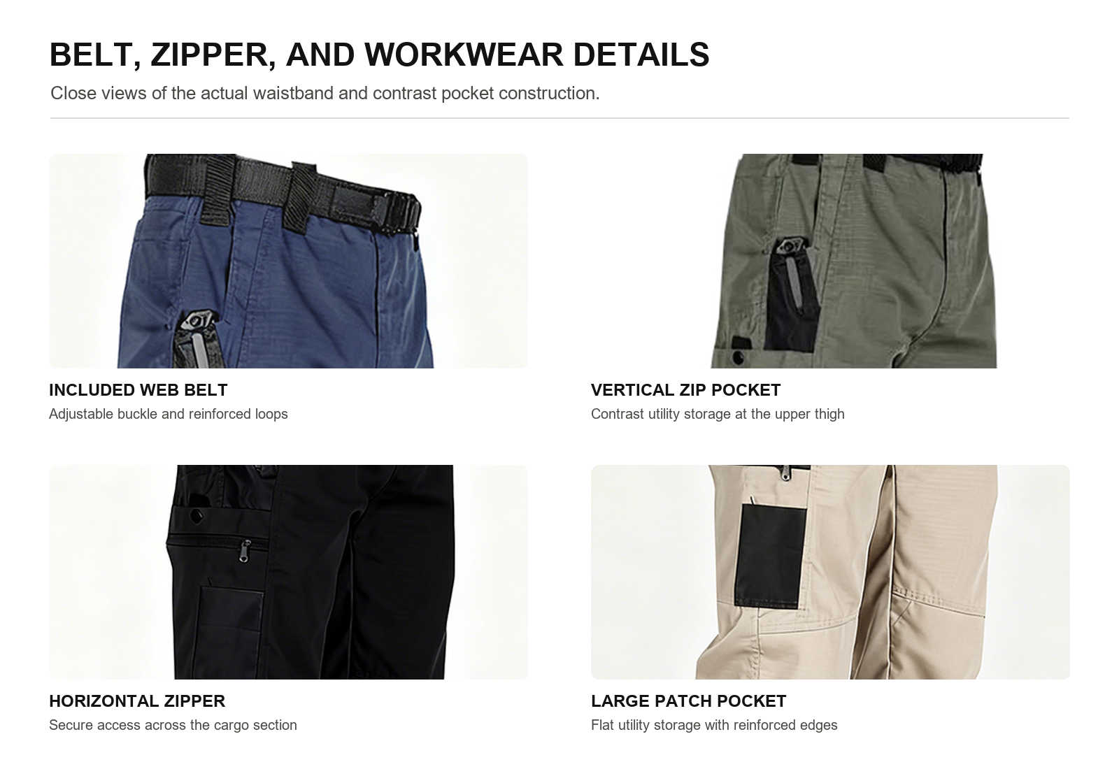 Included web belt zipper pockets cargo patch pocket and reinforced tactical pants construction