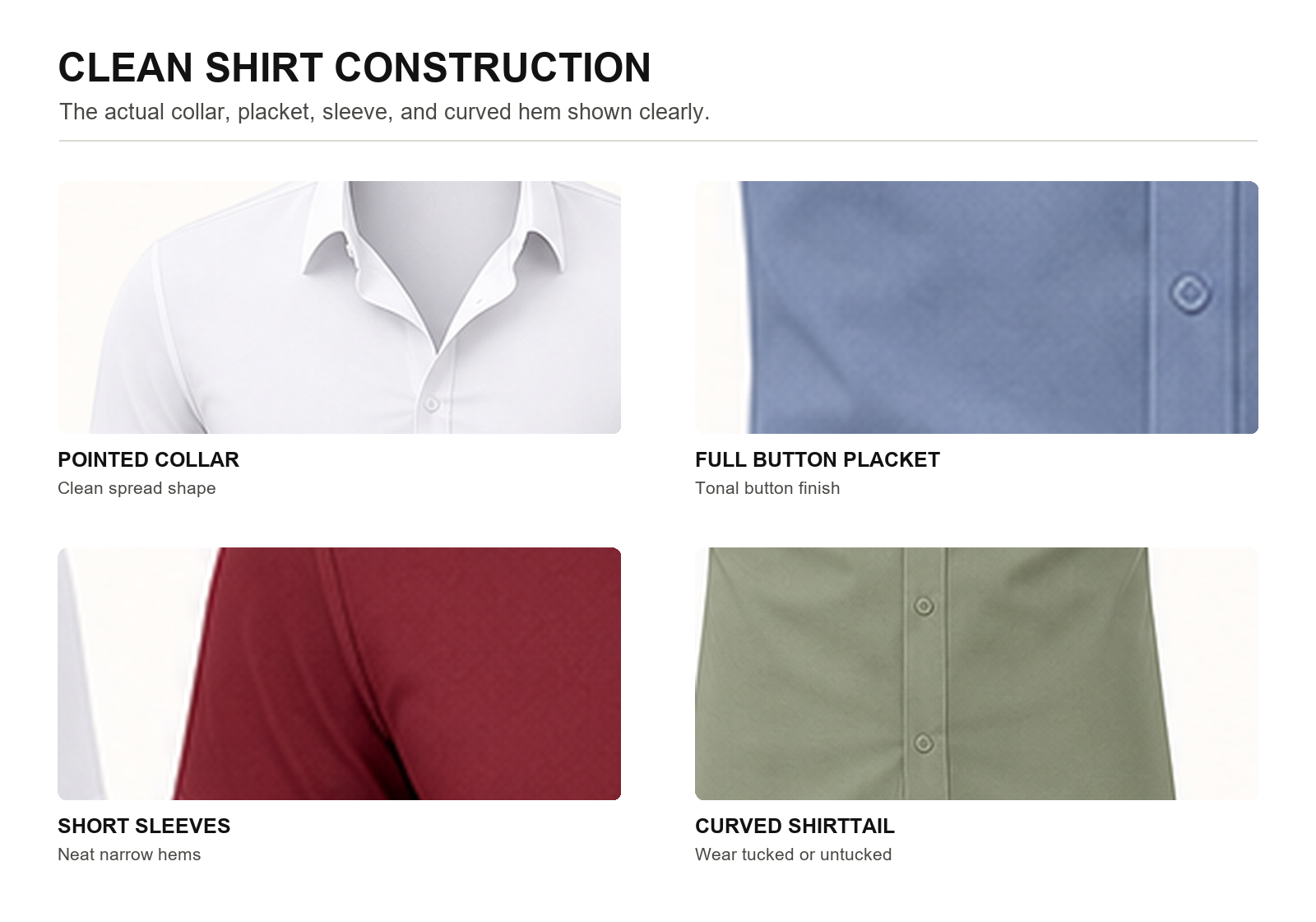 Pointed collar button placket short sleeves and curved hem construction details