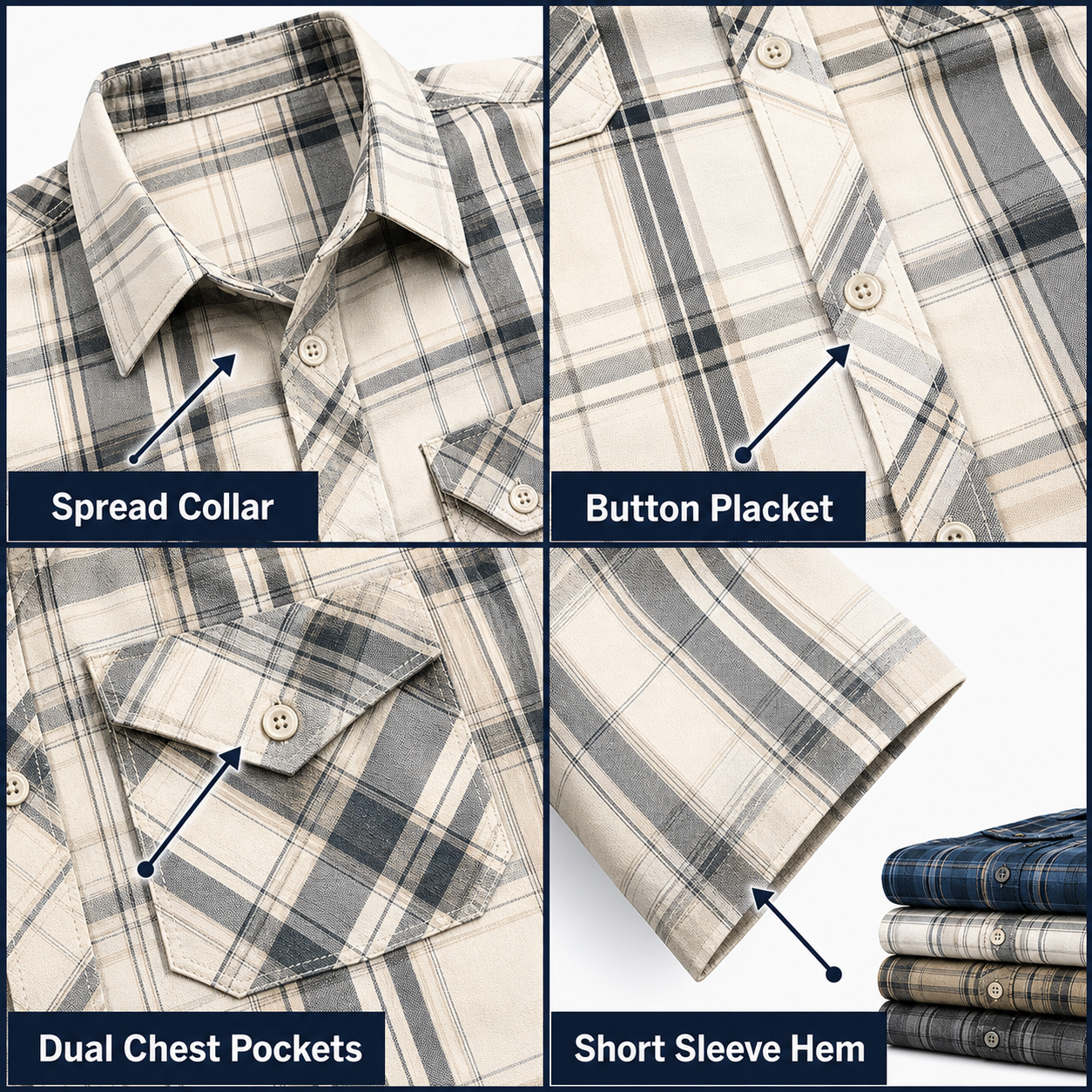 Plaid short sleeve shirt construction detail collage showing spread collar button placket dual chest pockets and sleeve hem