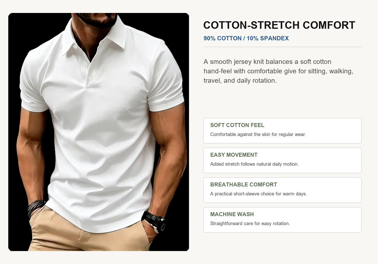Cotton-stretch material benefits for men's casual business polo shirt