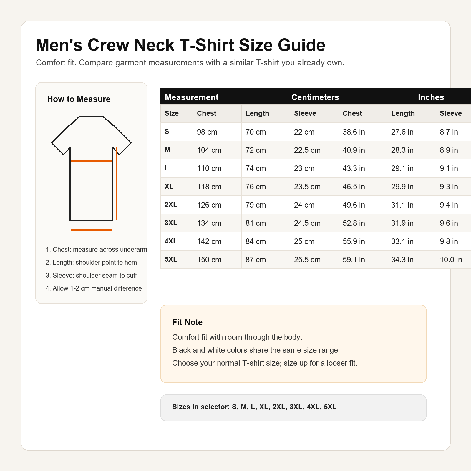Men's crew neck T-shirt size guide table for S to 5XL with chest length and sleeve measurements
