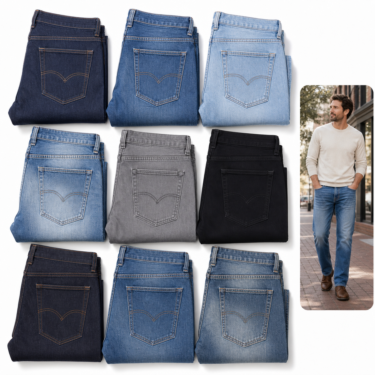 Nine folded CLASSIC STRAIGHT FIT JEANS in different denim washes arranged as a multipack assortment