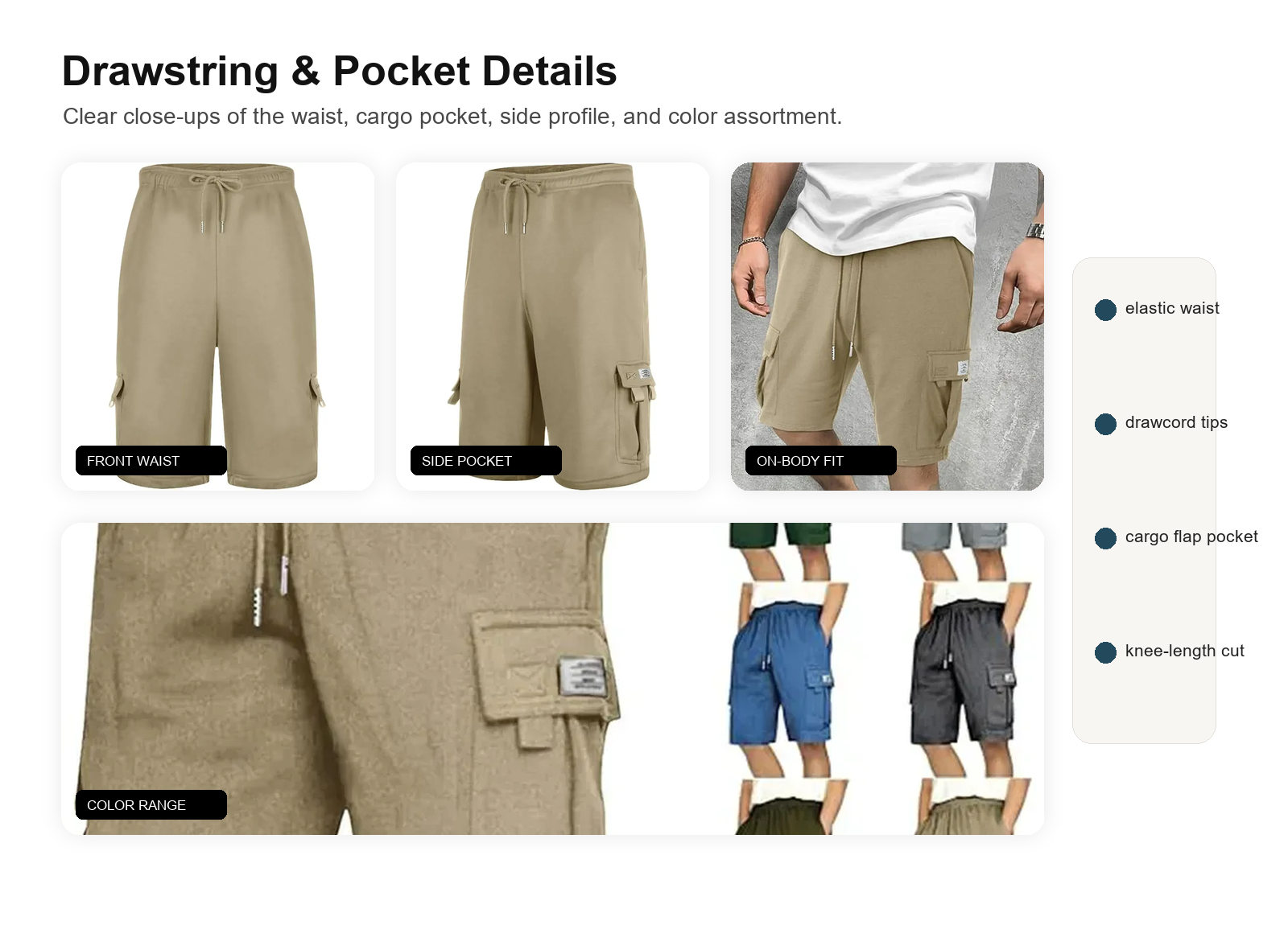 Cargo sweat shorts detail collage showing waistband, drawstring, cargo pocket, side profile, and colors