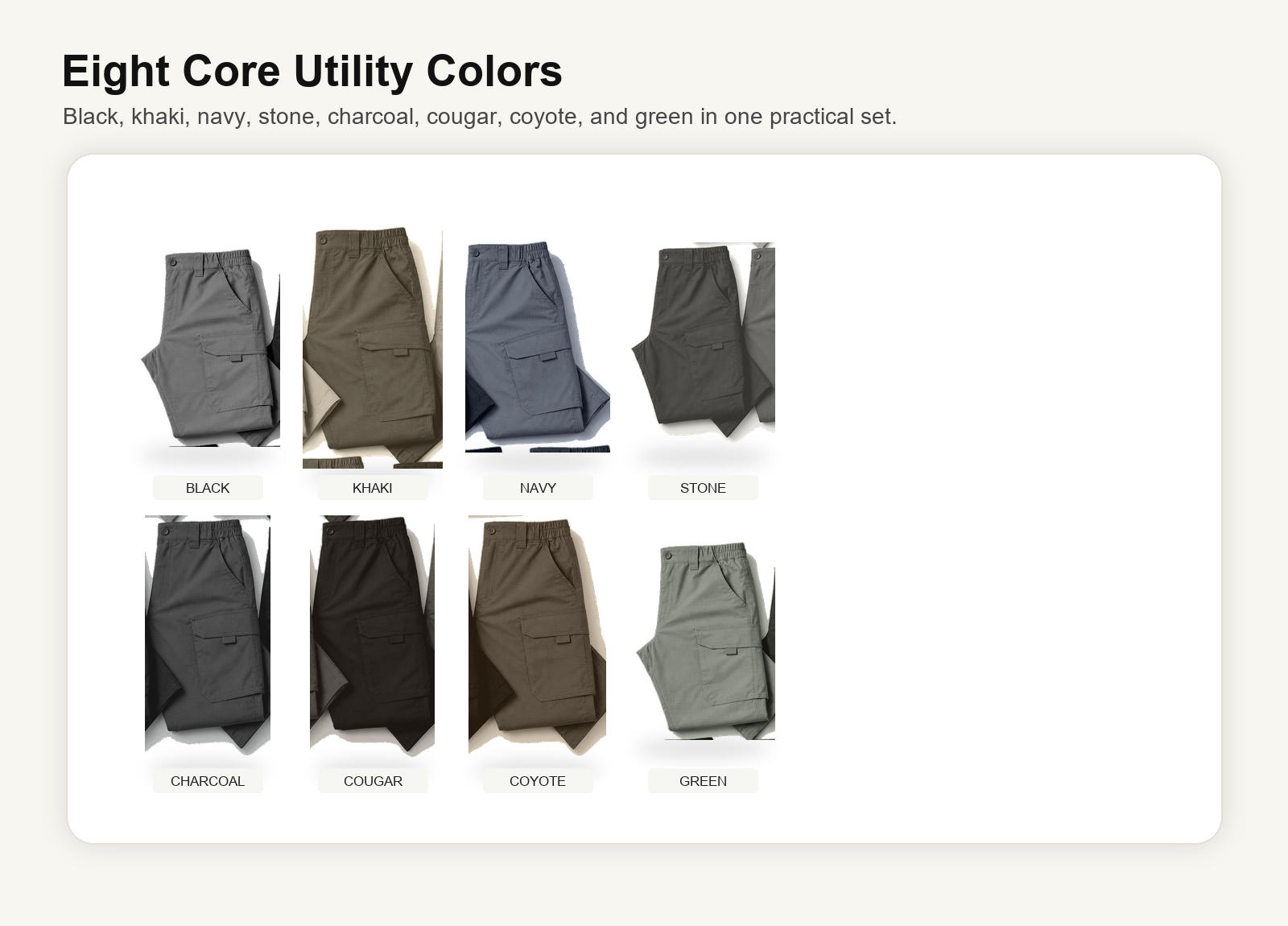 Eight color utility set of folded flex stretch tactical cargo pants