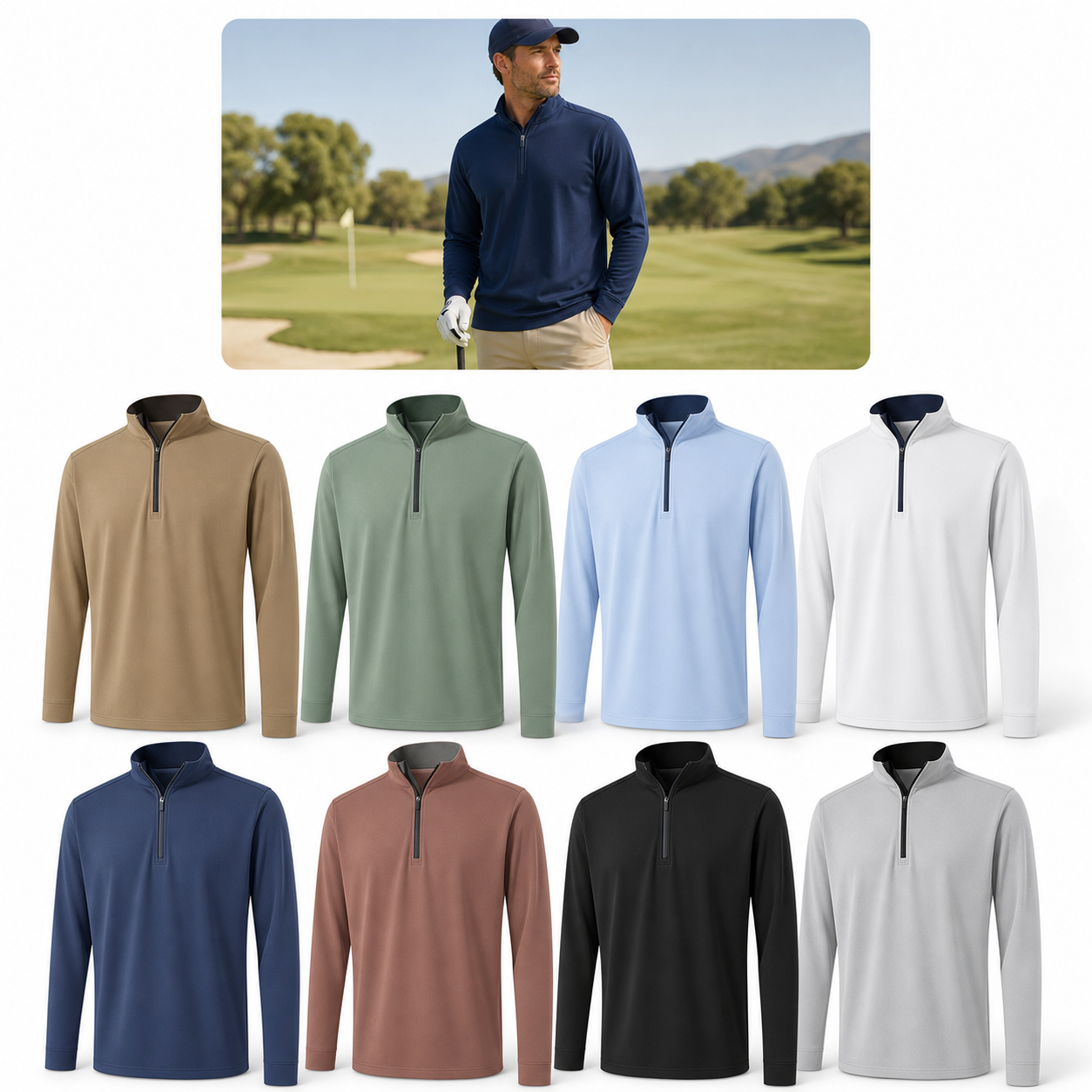 Eight solid quarter zip golf pullovers arranged as an 8-pack color set