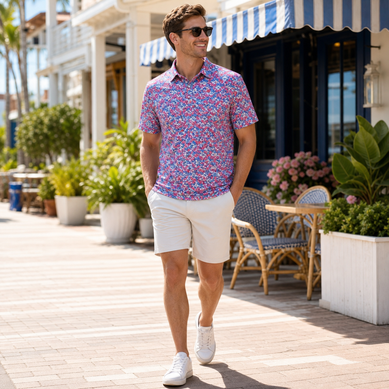 Man wearing a pink and blue printed short sleeve golf polo in a summer cafe street scene