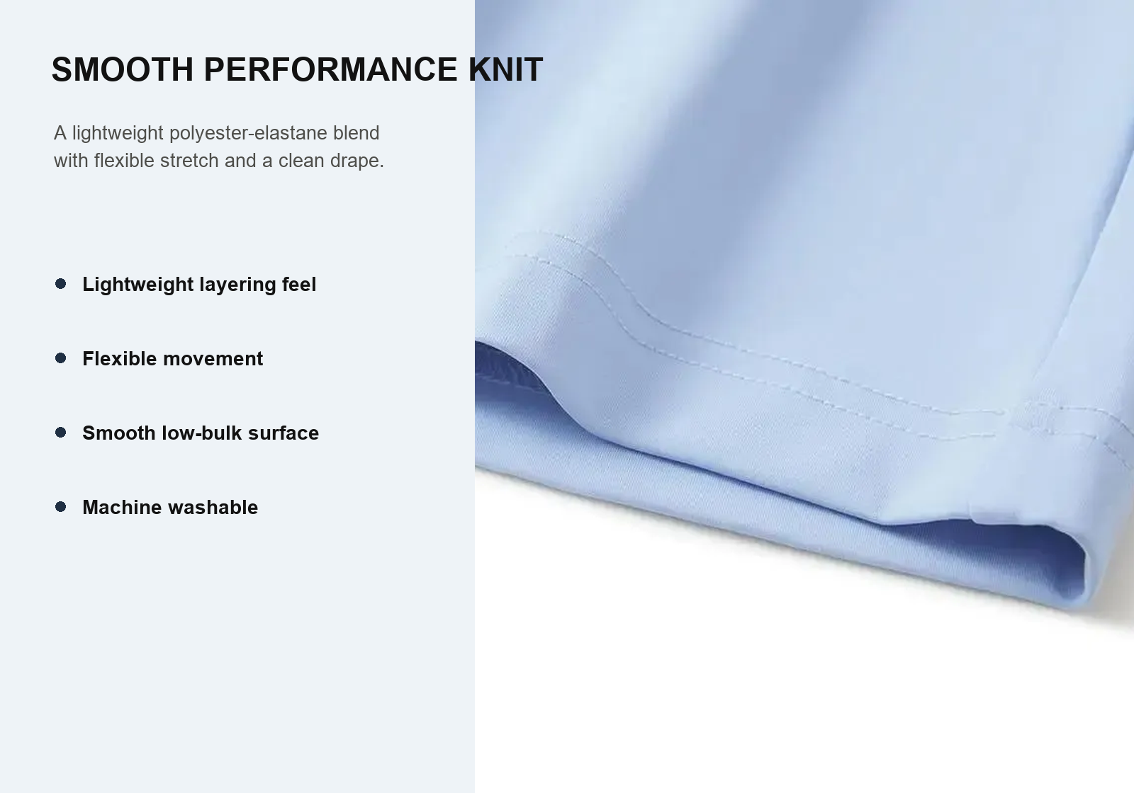 Close-up of smooth quarter zip pullover fabric and stitched hem with material benefits