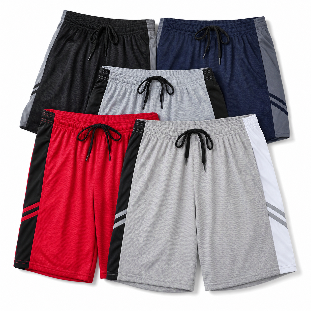 Five pairs of mesh athletic shorts arranged as a multi color five pack