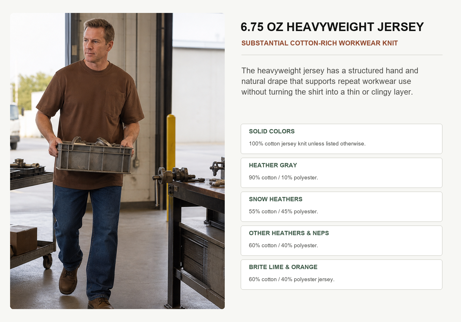 6.75 ounce heavyweight cotton and cotton polyester jersey composition guide by pocket T-shirt color