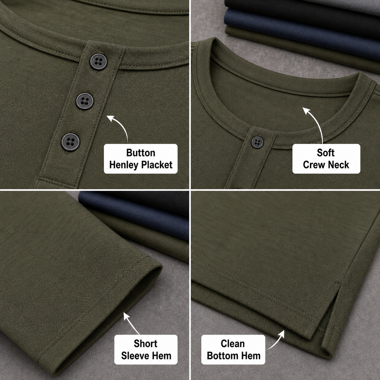Henley shirt detail collage showing button placket crew neck short sleeve hem and bottom hem
