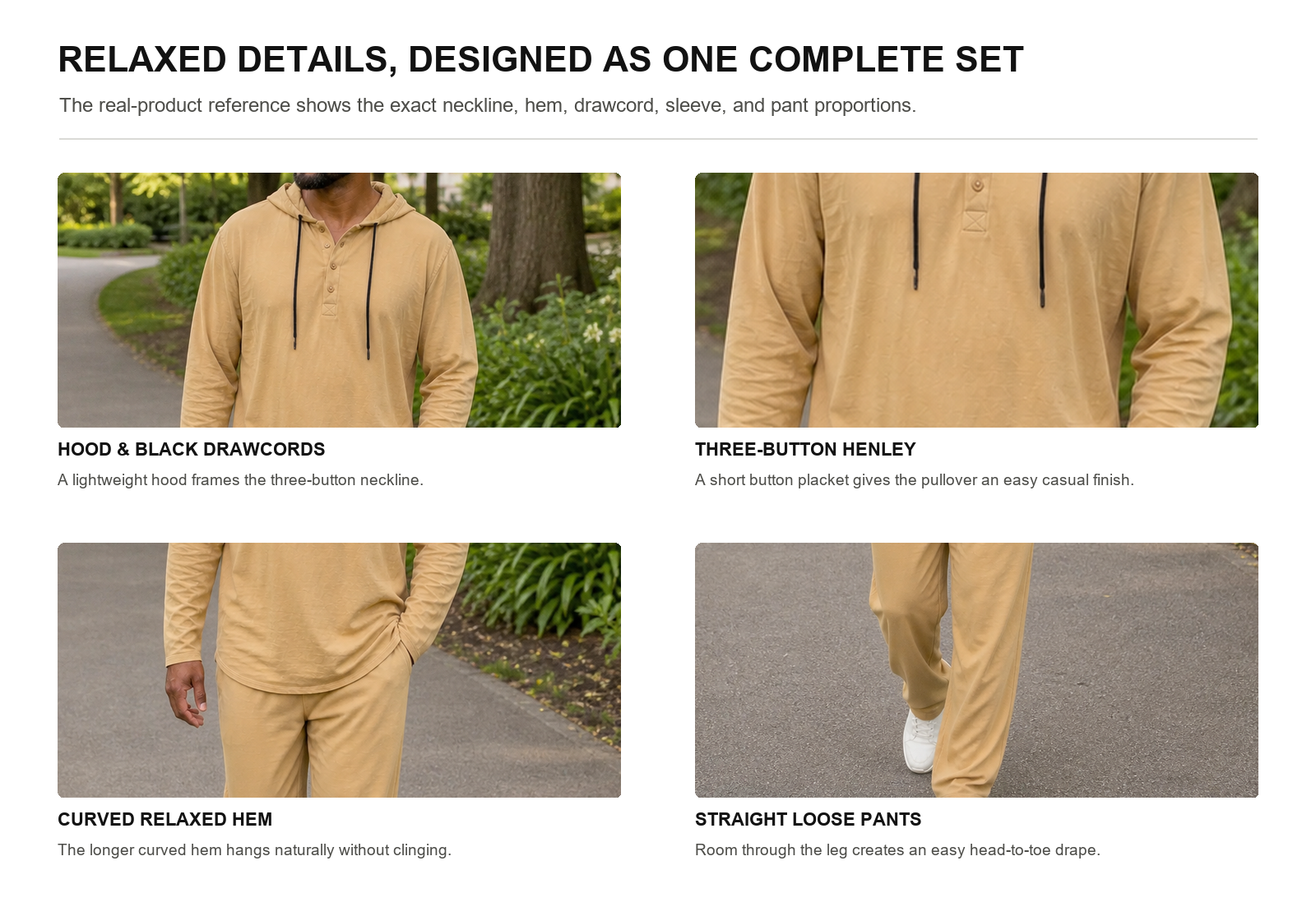 Close views of hood black drawcords three-button placket curved hem and relaxed pants