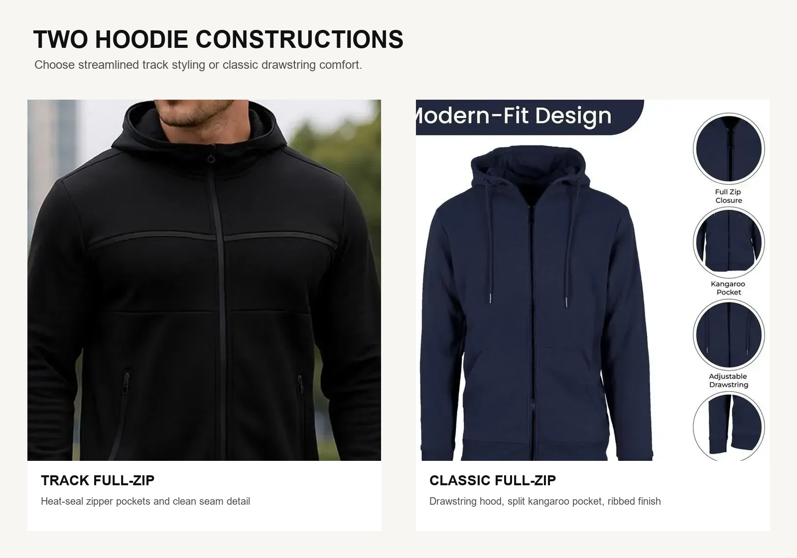 Comparison of track full zip and classic drawstring fleece hoodie construction