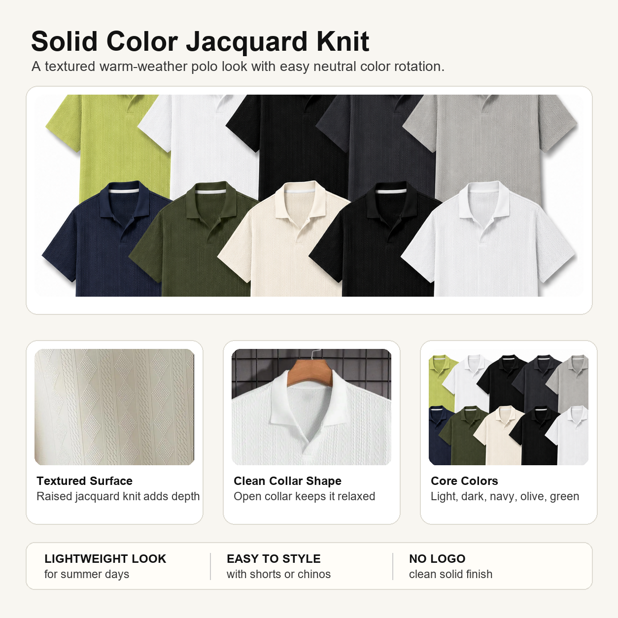 Solid jacquard polo shirt material and color detail layout