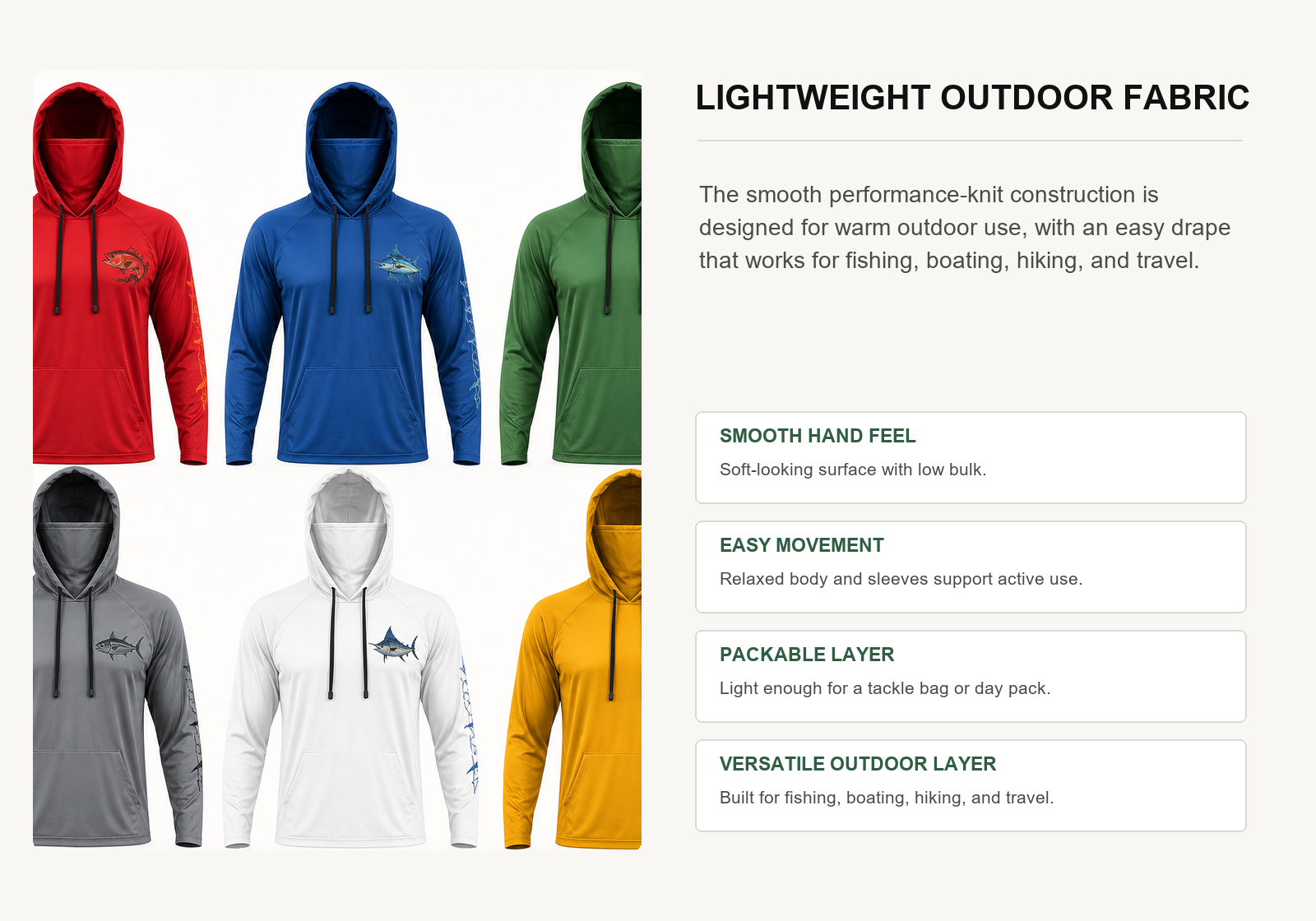 Lightweight performance fabric and eight colors of hooded long sleeve fishing shirts