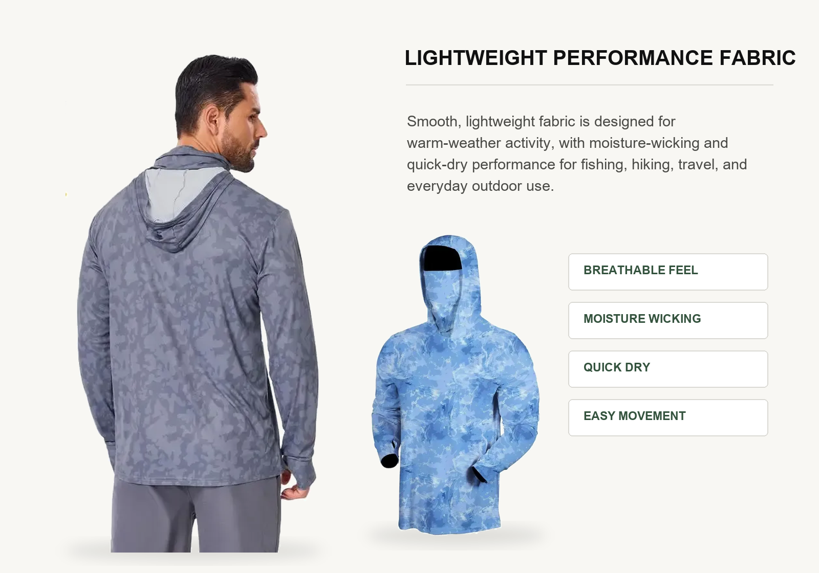 Lightweight hooded sun shirt fabric panel showing breathable moisture wicking and quick dry performance